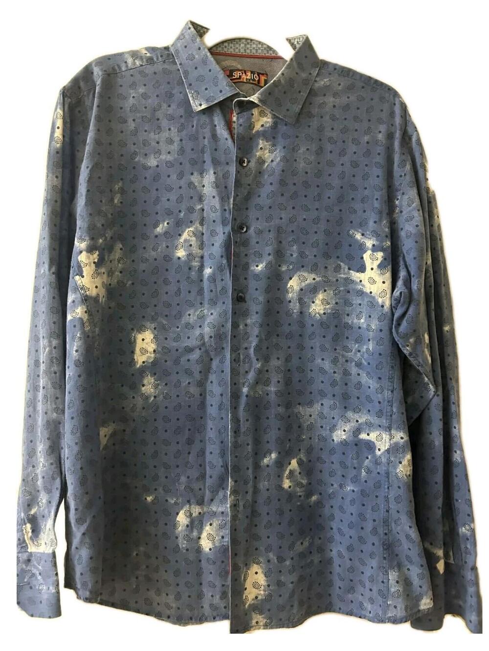 Spazio Uomo Men's Blue Patterned Button-Up Shirt Size XL (runs small) Long Sleev